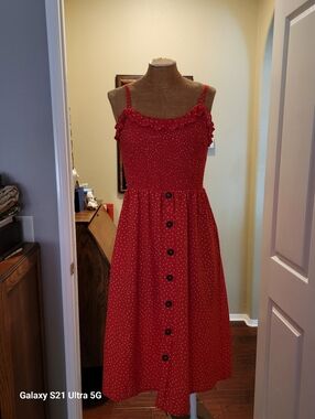 Red Polka Dot Midi Dress with Adjustable Straps